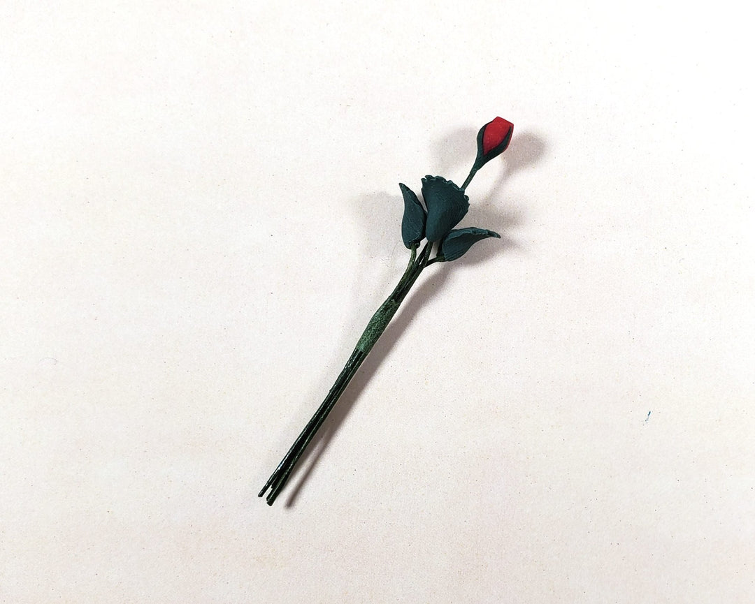 Dollhouse Red Rose Bud Single Stem with Foliage 1:12 Scale Miniature - MiniatureCrush