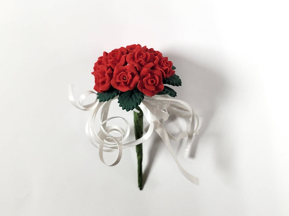 Dollhouse Red Roses Bridal Bouquet with White Ribbons 1:12 Scale Miniature - MiniatureCrush