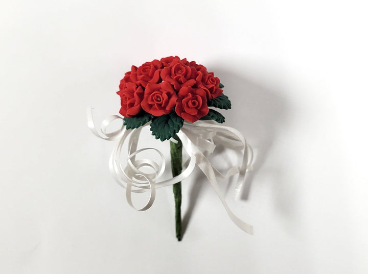 Dollhouse Red Roses Bridal Bouquet with White Ribbons 1:12 Scale Miniature - MiniatureCrush