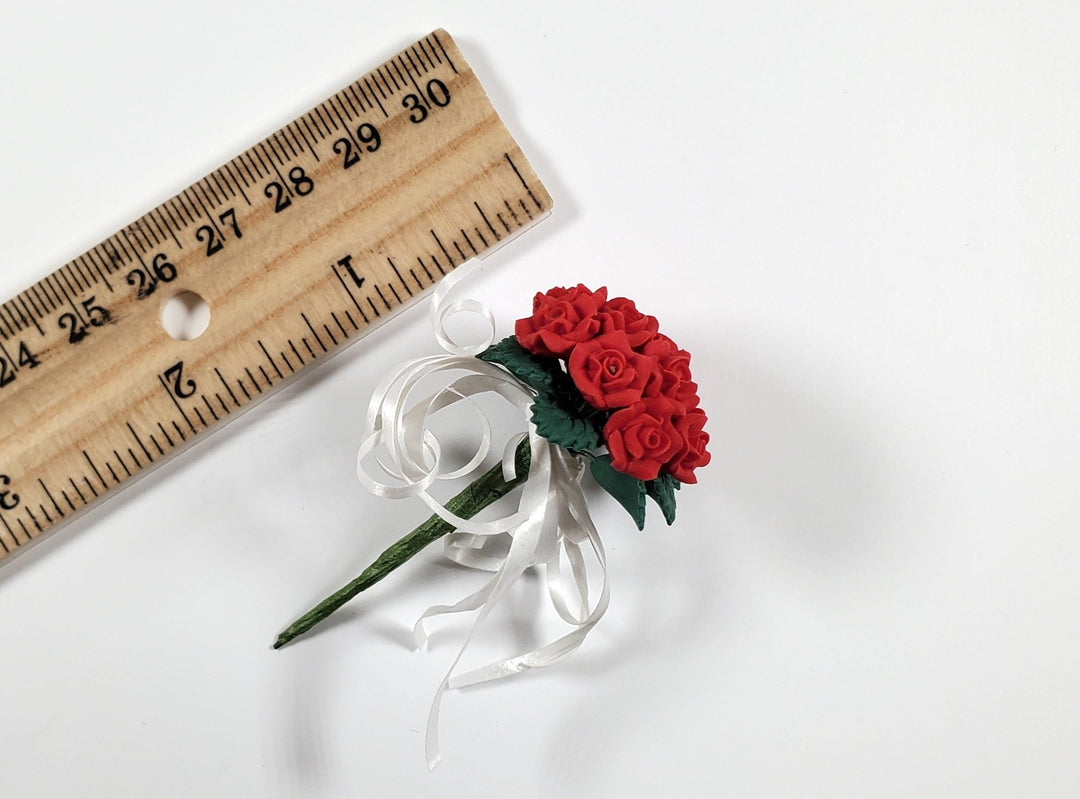 Dollhouse Red Roses Bridal Bouquet with White Ribbons 1:12 Scale Miniature - MiniatureCrush