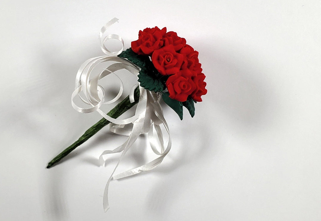 Dollhouse Red Roses Bridal Bouquet with White Ribbons 1:12 Scale Miniature - MiniatureCrush