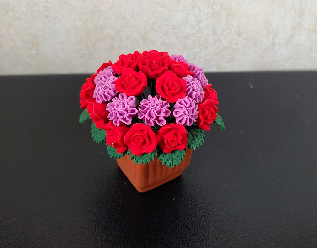 Dollhouse Red Roses Pink Carnations in Terra Cotta Planter 1:12 Scale Miniature - MiniatureCrush