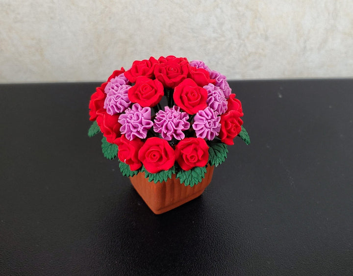 Dollhouse Red Roses Pink Carnations in Terra Cotta Planter 1:12 Scale Miniature - MiniatureCrush