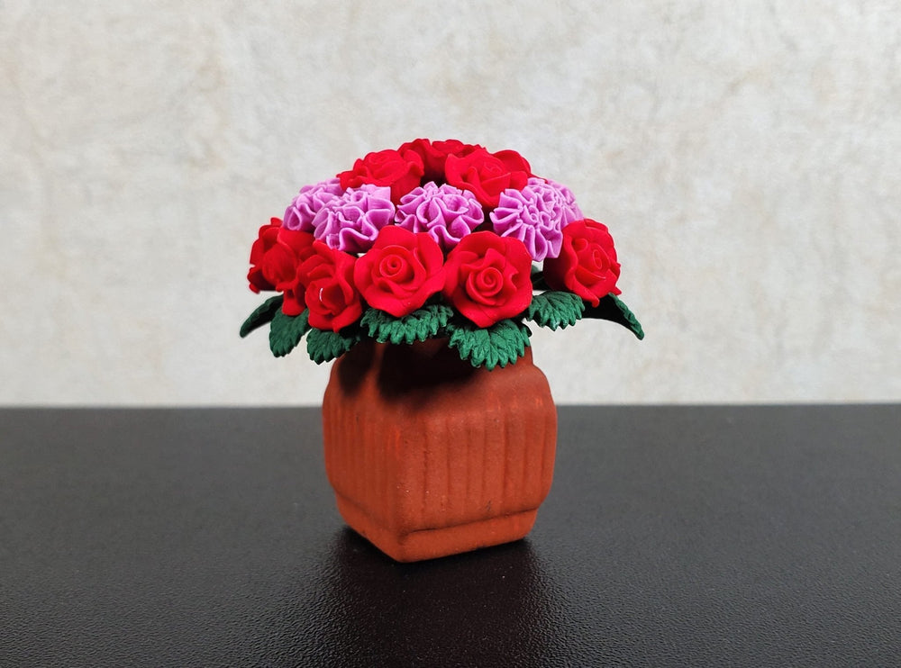 Dollhouse Red Roses Pink Carnations in Terra Cotta Planter 1:12 Scale Miniature - MiniatureCrush
