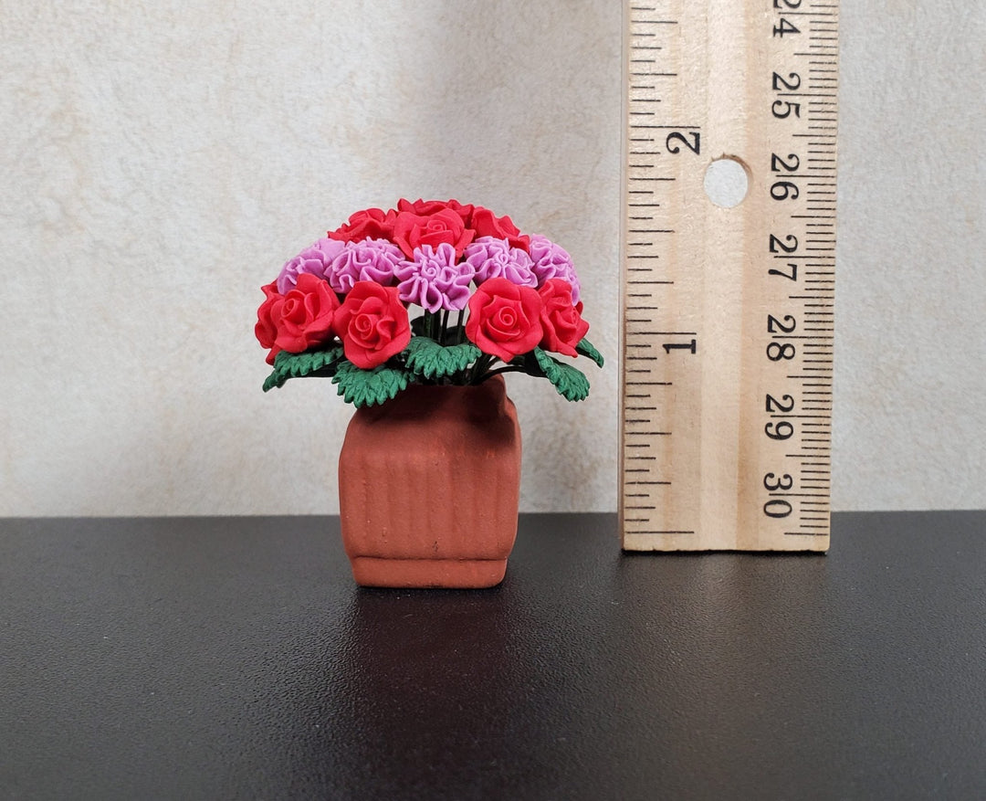 Dollhouse Red Roses Pink Carnations in Terra Cotta Planter 1:12 Scale Miniature - MiniatureCrush