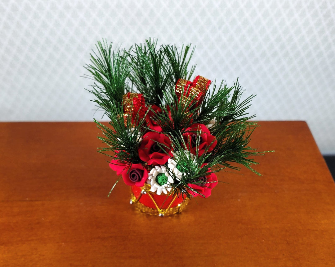 Dollhouse Red Roses & White Flowers in a Red Drum Vase 1:12 Scale Miniature - MiniatureCrush