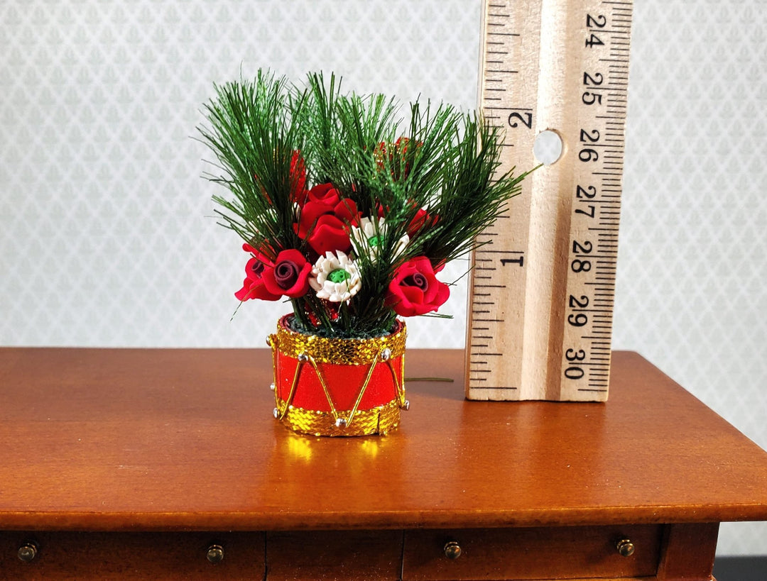 Dollhouse Red Roses & White Flowers in a Red Drum Vase 1:12 Scale Miniature - MiniatureCrush