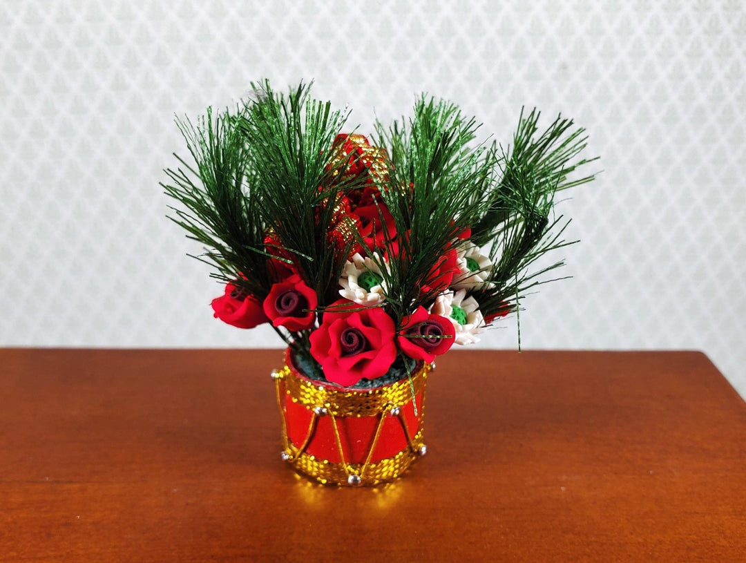 Dollhouse Red Roses & White Flowers in a Red Drum Vase 1:12 Scale Miniature - MiniatureCrush