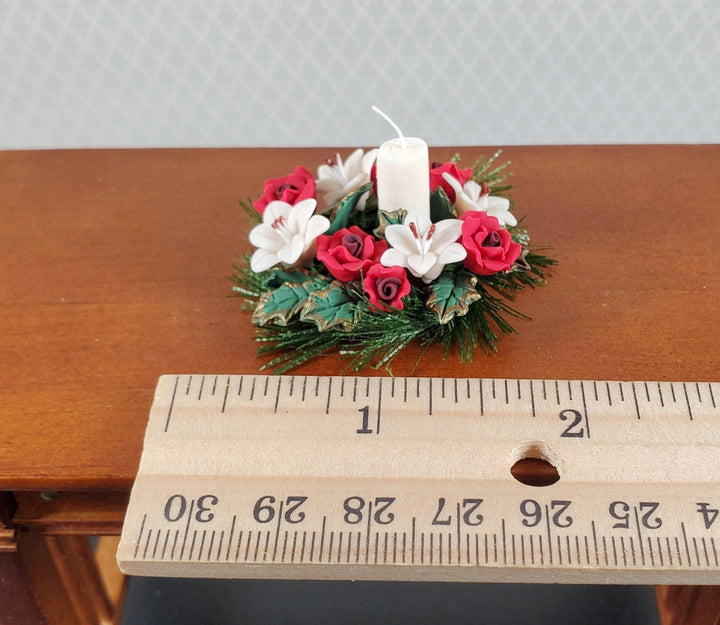 Dollhouse Red Roses & White Lilies Centerpiece with Candle 1:12 Scale Miniature - MiniatureCrush