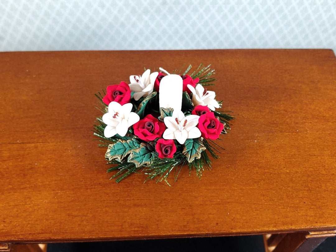 Dollhouse Red Roses & White Lilies Centerpiece with Candle 1:12 Scale Miniature - MiniatureCrush
