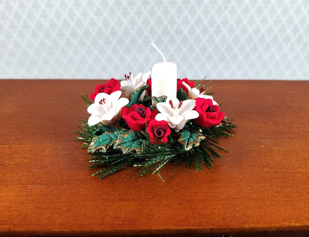 Dollhouse Red Roses & White Lilies Centerpiece with Candle 1:12 Scale Miniature - MiniatureCrush