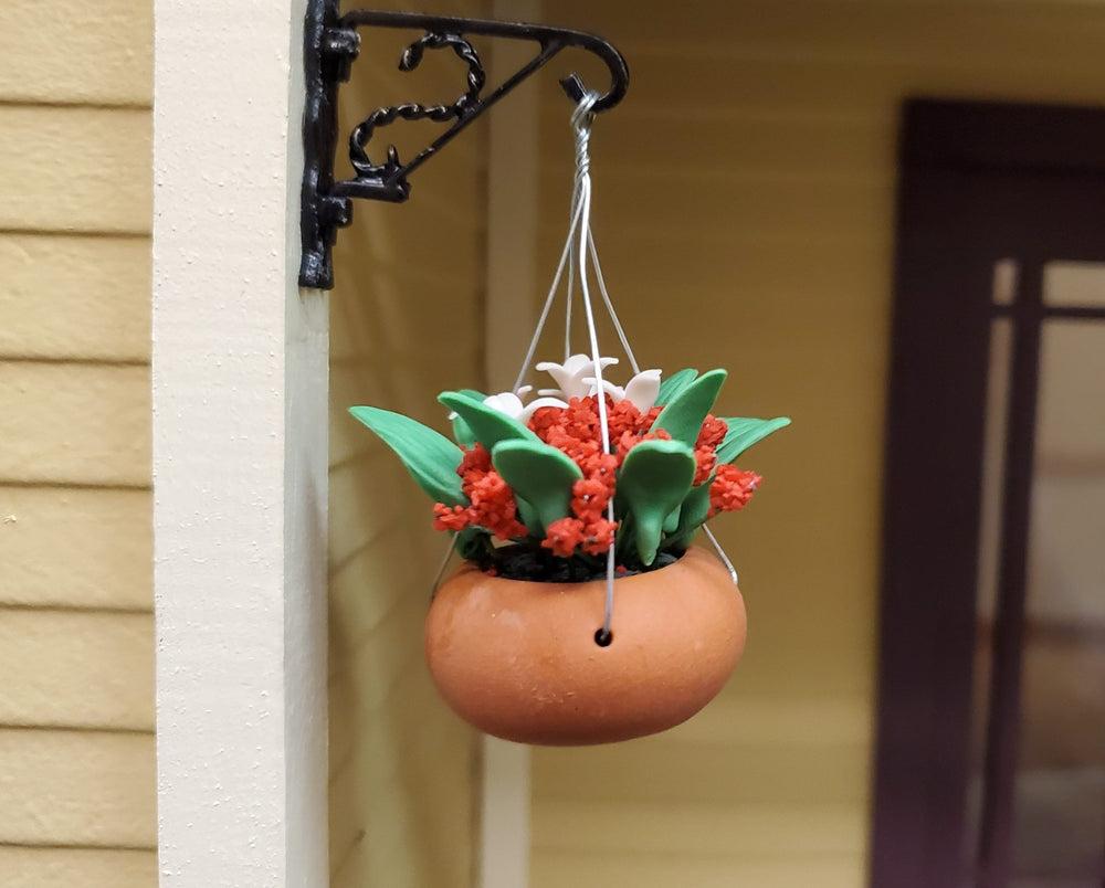 Dollhouse Red & White Flowers in a Hanging Terra Cotta Pot 1:12 Scale Miniature - MiniatureCrush