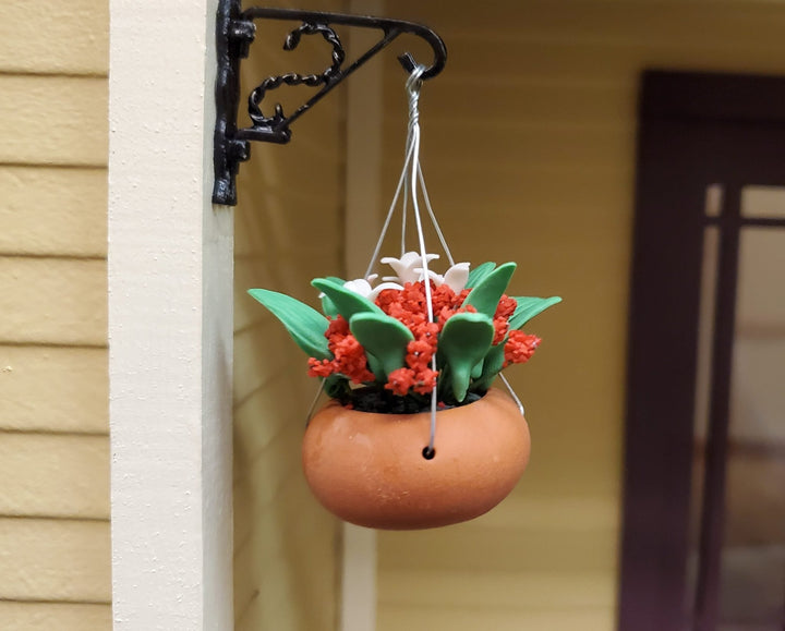 Dollhouse Red & White Flowers in a Hanging Terra Cotta Pot 1:12 Scale Miniature - MiniatureCrush