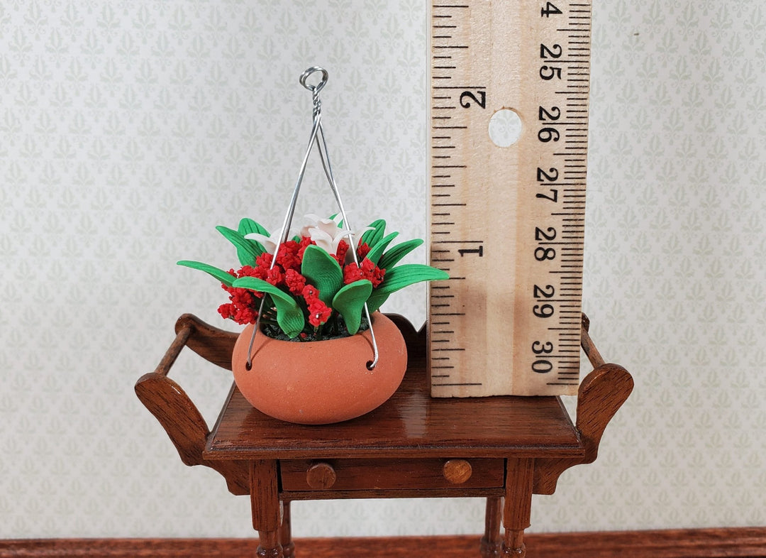 Dollhouse Red & White Flowers in a Hanging Terra Cotta Pot 1:12 Scale Miniature - MiniatureCrush