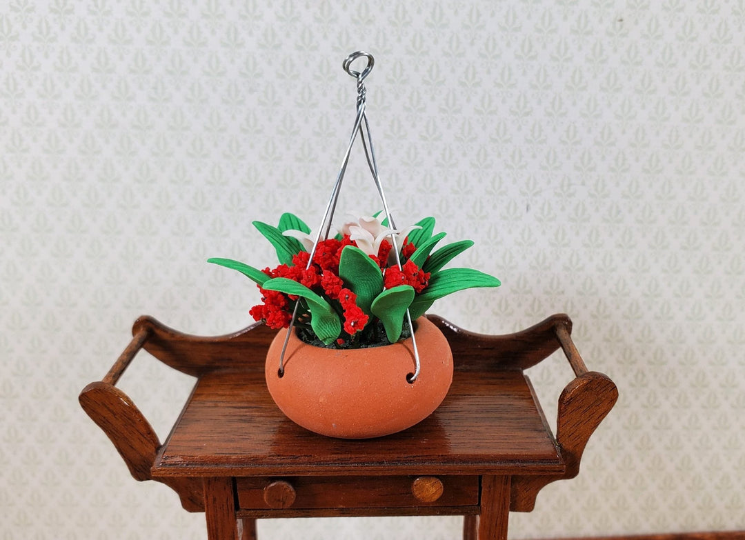 Dollhouse Red & White Flowers in a Hanging Terra Cotta Pot 1:12 Scale Miniature - MiniatureCrush