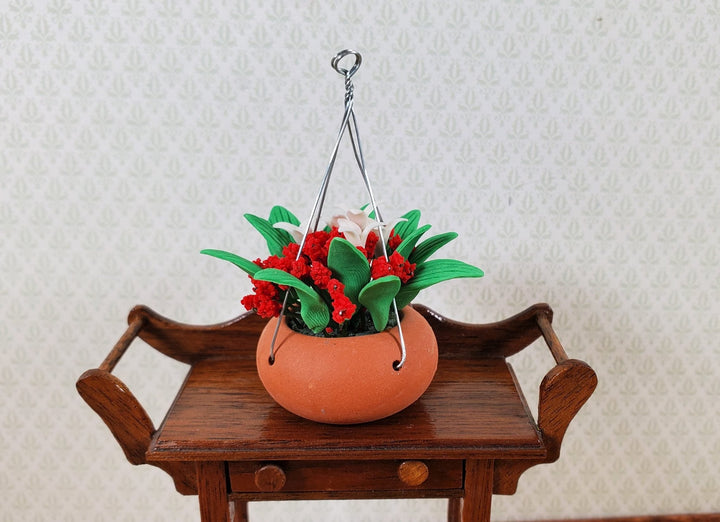 Dollhouse Red & White Flowers in a Hanging Terra Cotta Pot 1:12 Scale Miniature - MiniatureCrush