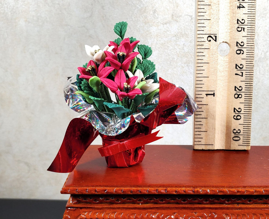 Dollhouse Red & White Poinsettias in Gift Wrapped Foil 1:12 Scale Miniature - MiniatureCrush