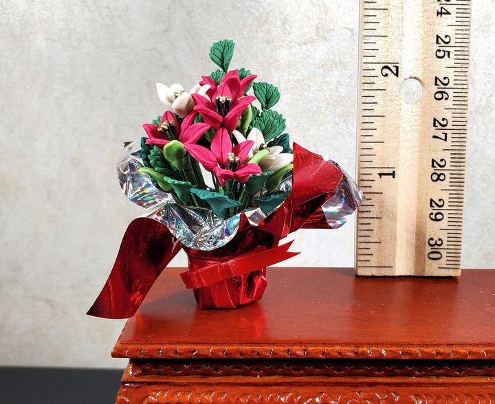 Dollhouse Red & White Poinsettias in Gift Wrapped Foil 1:12 Scale Miniature - MiniatureCrush