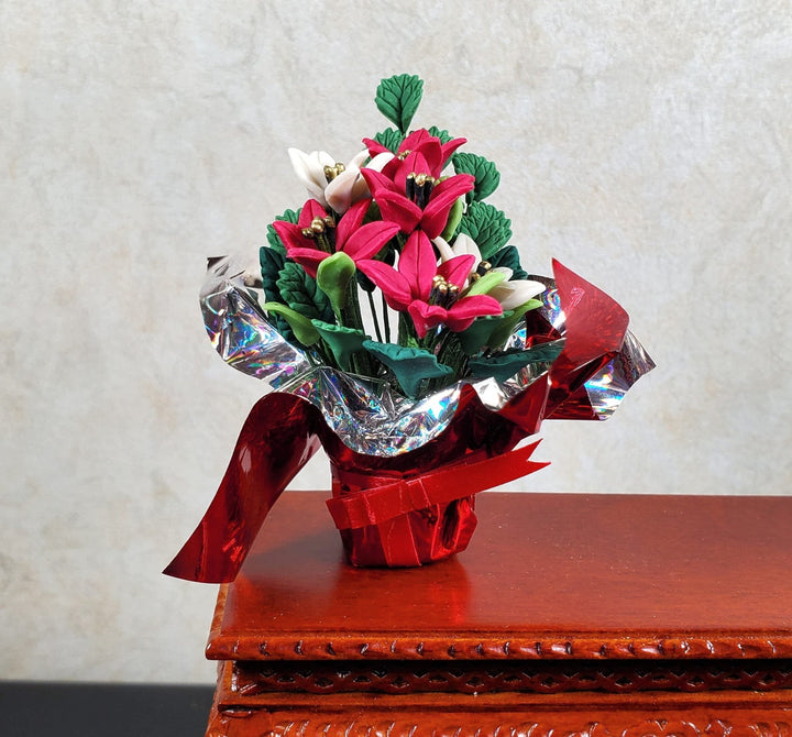 Dollhouse Red & White Poinsettias in Gift Wrapped Foil 1:12 Scale Miniature - MiniatureCrush