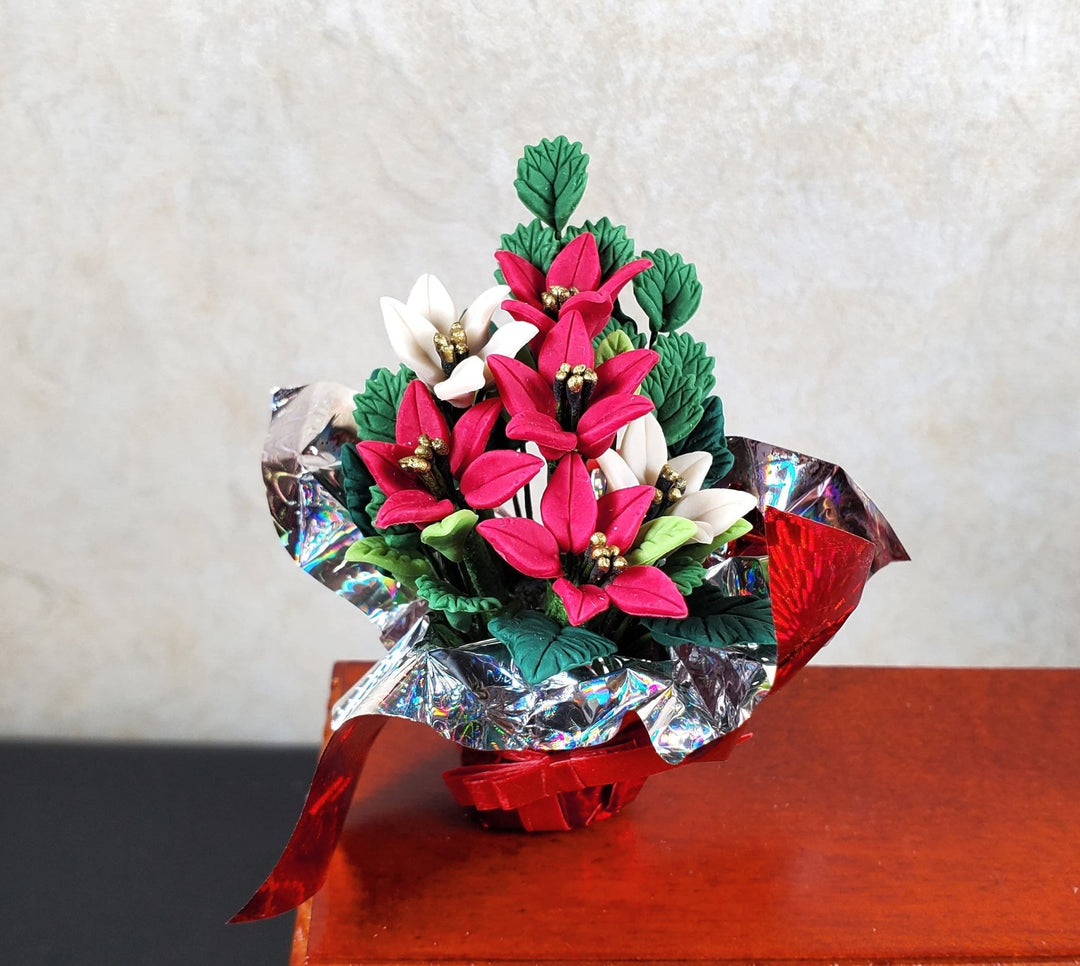 Dollhouse Red & White Poinsettias in Gift Wrapped Foil 1:12 Scale Miniature - MiniatureCrush