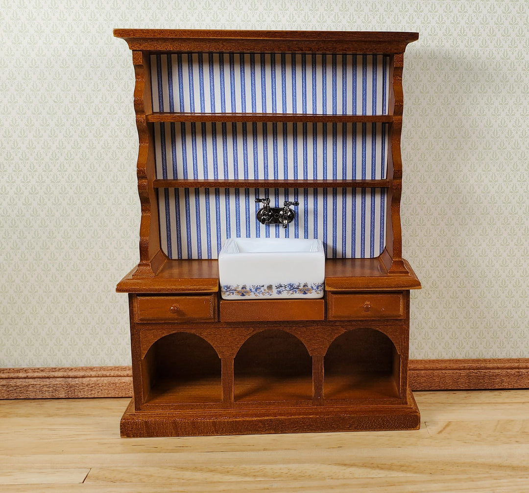 Dollhouse Reutter Sink Cabinet Walnut Blue Onion 1:12 Scale Miniature Kitchen - MiniatureCrush