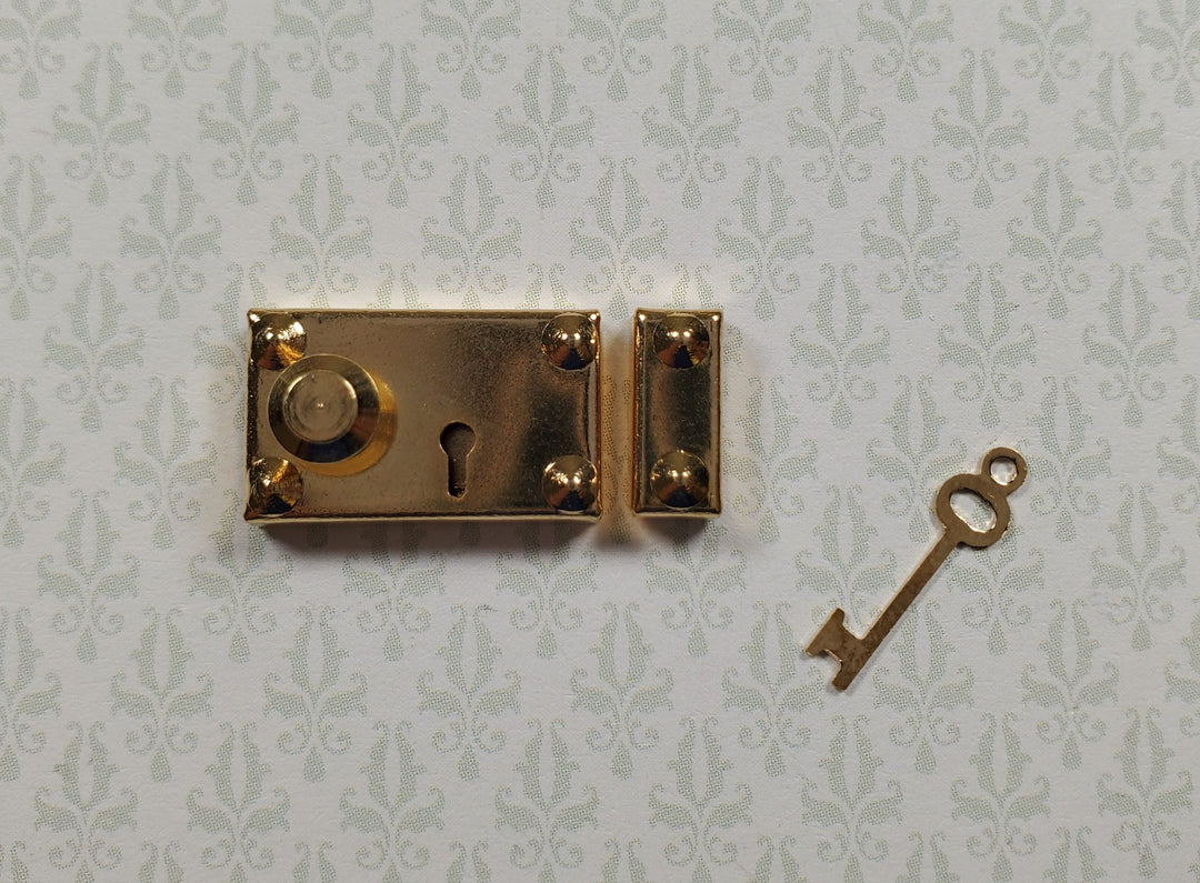 Dollhouse Rim Lock Set Door Knob Strike Plate with Key Gold 1:12 Scale Large - MiniatureCrush