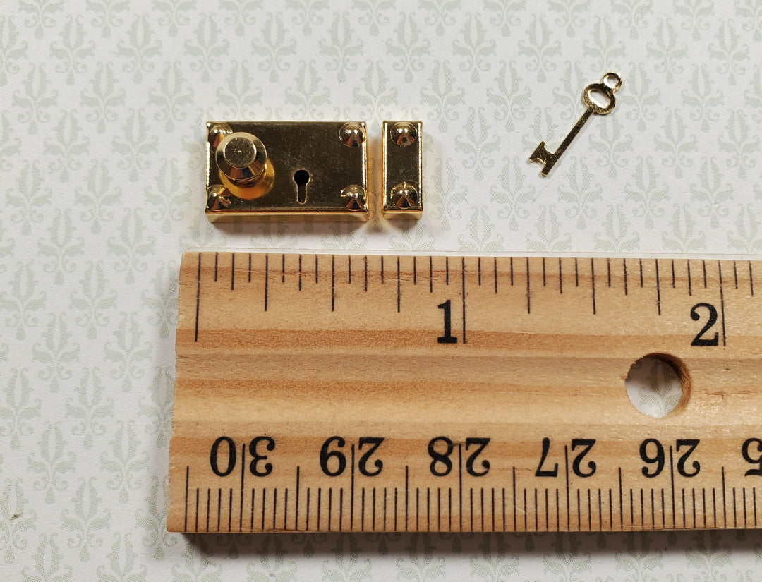 Dollhouse Rim Lock Set Door Knob Strike Plate with Key Gold 1:12 Scale Large - MiniatureCrush