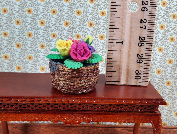 Dollhouse Roses in a Brown Basket Red Yellow Purple Flowers 1:12 Scale Miniature - Miniature Crush