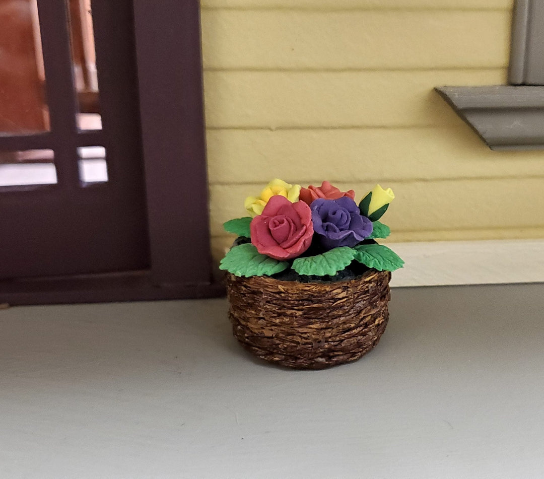 Dollhouse Roses in a Brown Basket Red Yellow Purple Flowers 1:12 Scale Miniature - Miniature Crush