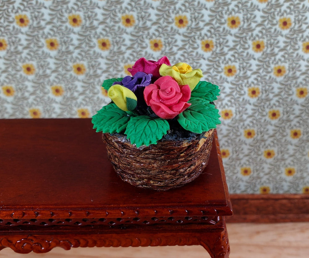 Dollhouse Roses in a Brown Basket Red Yellow Purple Flowers 1:12 Scale Miniature - Miniature Crush