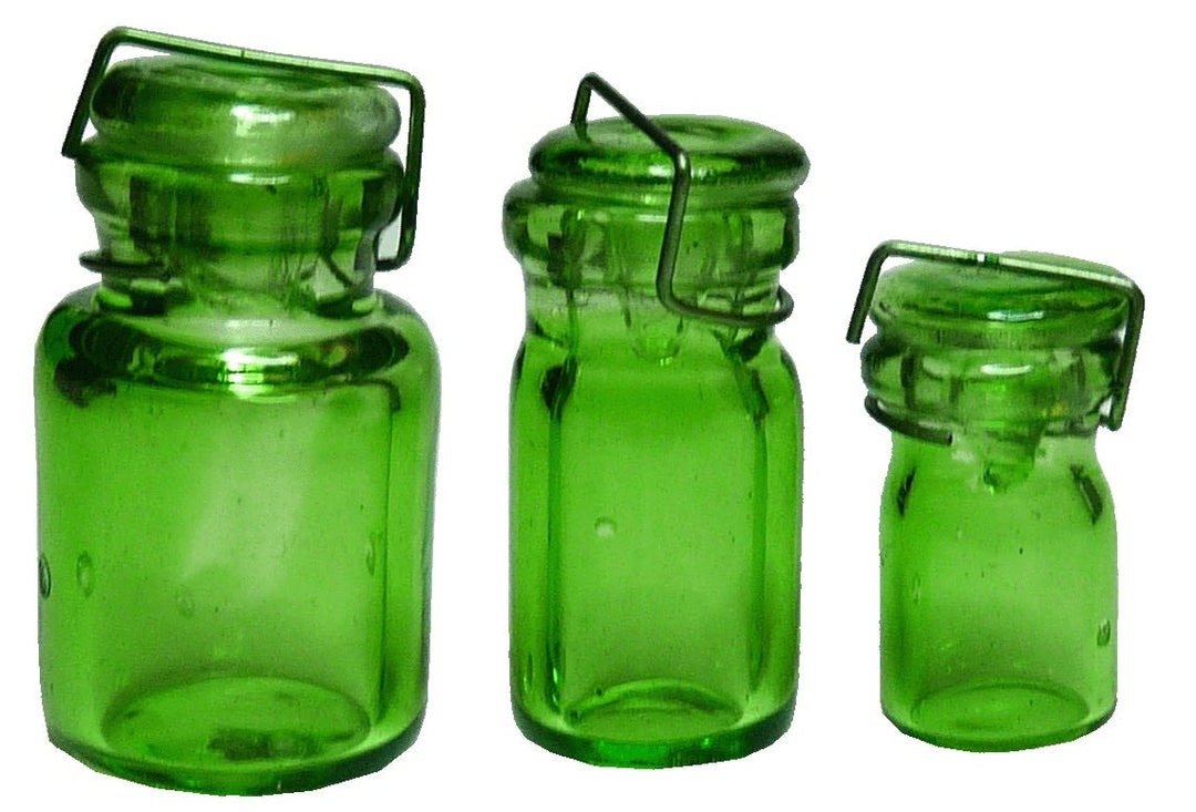 Dollhouse Round Glass Canning Jars Green Set of 3 1:12 Scale Miniature - MiniatureCrush