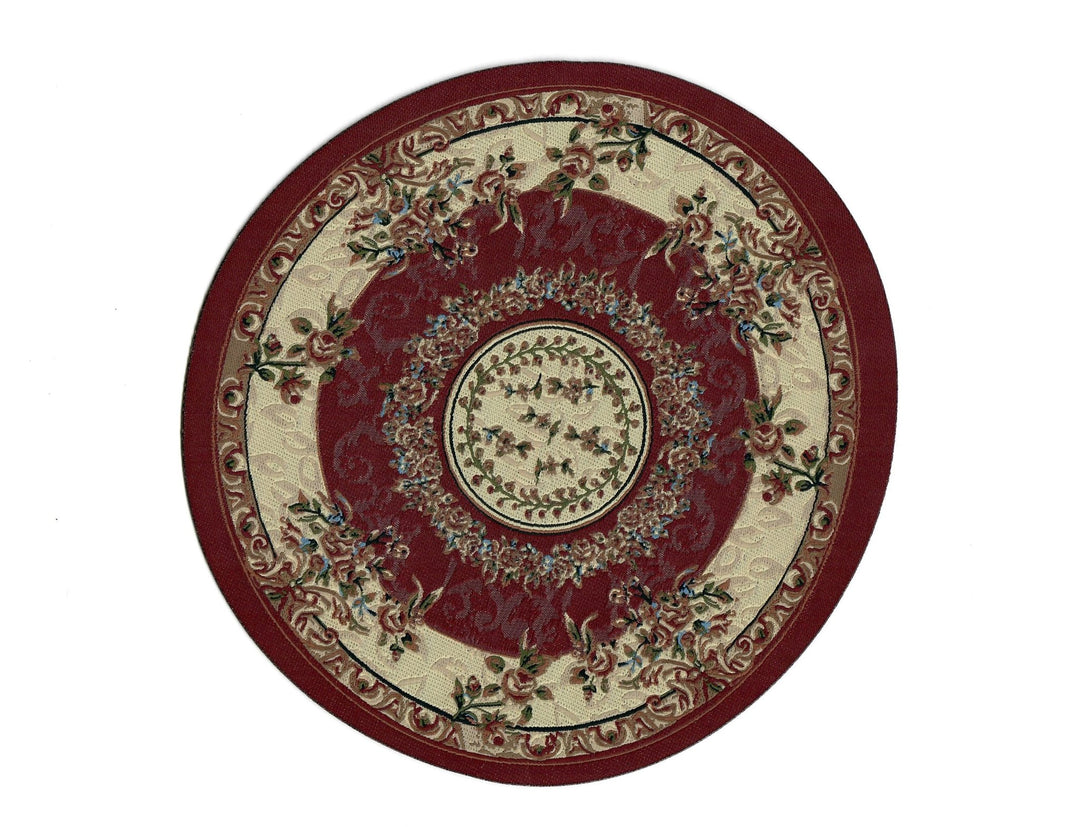 Dollhouse Round Rug Fabric Maroon & Beige Floral 1:12 Scale Miniature 7" Across - MiniatureCrush