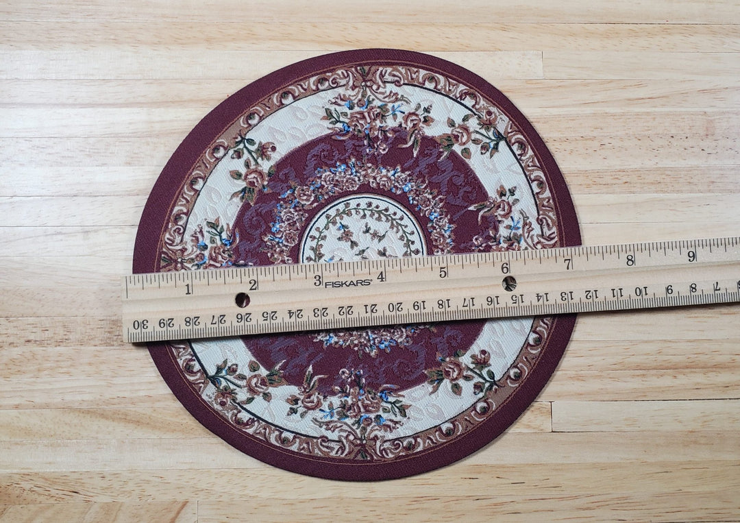 Dollhouse Round Rug Fabric Maroon & Beige Floral 1:12 Scale Miniature 7" Across - MiniatureCrush