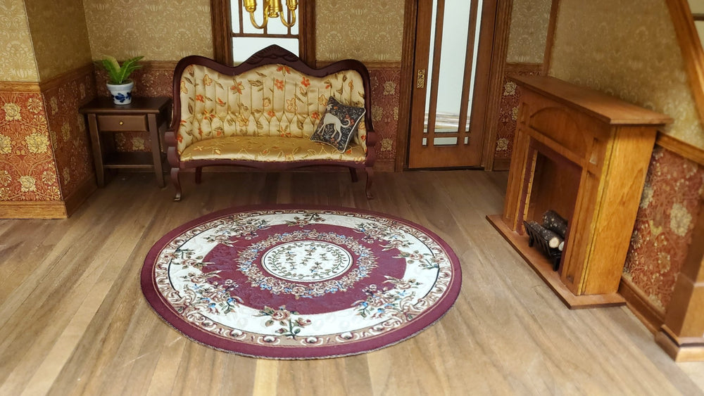 Dollhouse Round Rug Fabric Maroon & Beige Floral 1:12 Scale Miniature 7" Across - MiniatureCrush