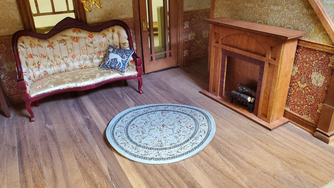 Dollhouse Round Rug Fabric White Black Floral 1:12 Scale Miniature 4.5" Across - MiniatureCrush
