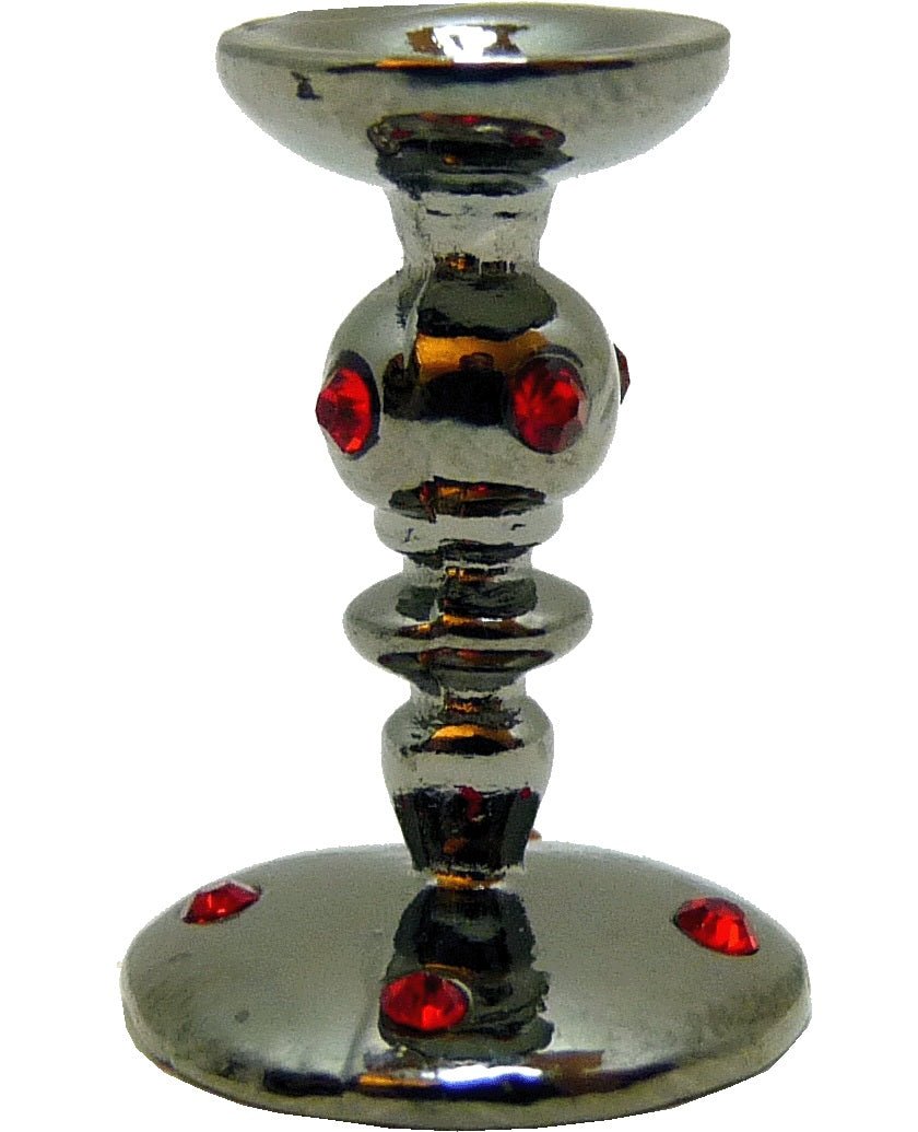 Dollhouse Ruby Encrusted Tall Candlestick Holder Silver 1:12 Scale Miniature - MiniatureCrush