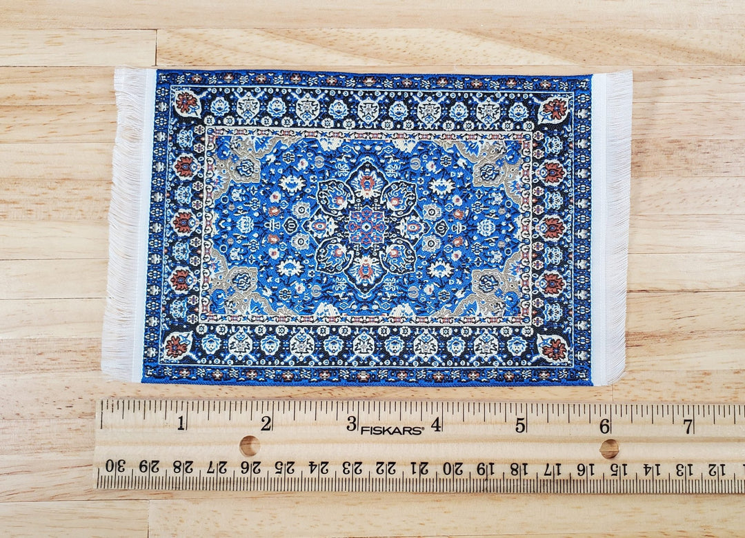 Dollhouse Rug Blue Navy Rust Beige 6" x 3 3/4" Woven Fabric 1:12 Scale Miniature - Miniature Crush