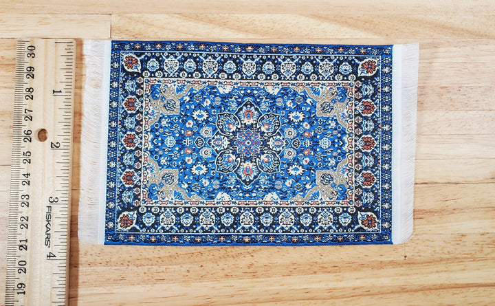 Dollhouse Rug Blue Navy Rust Beige 6" x 3 3/4" Woven Fabric 1:12 Scale Miniature - Miniature Crush