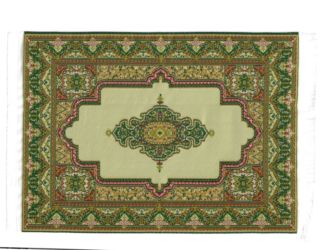 Dollhouse Rug Woven Fabric Gold and Green Victorian Style 1:12 Scale Miniature - MiniatureCrush