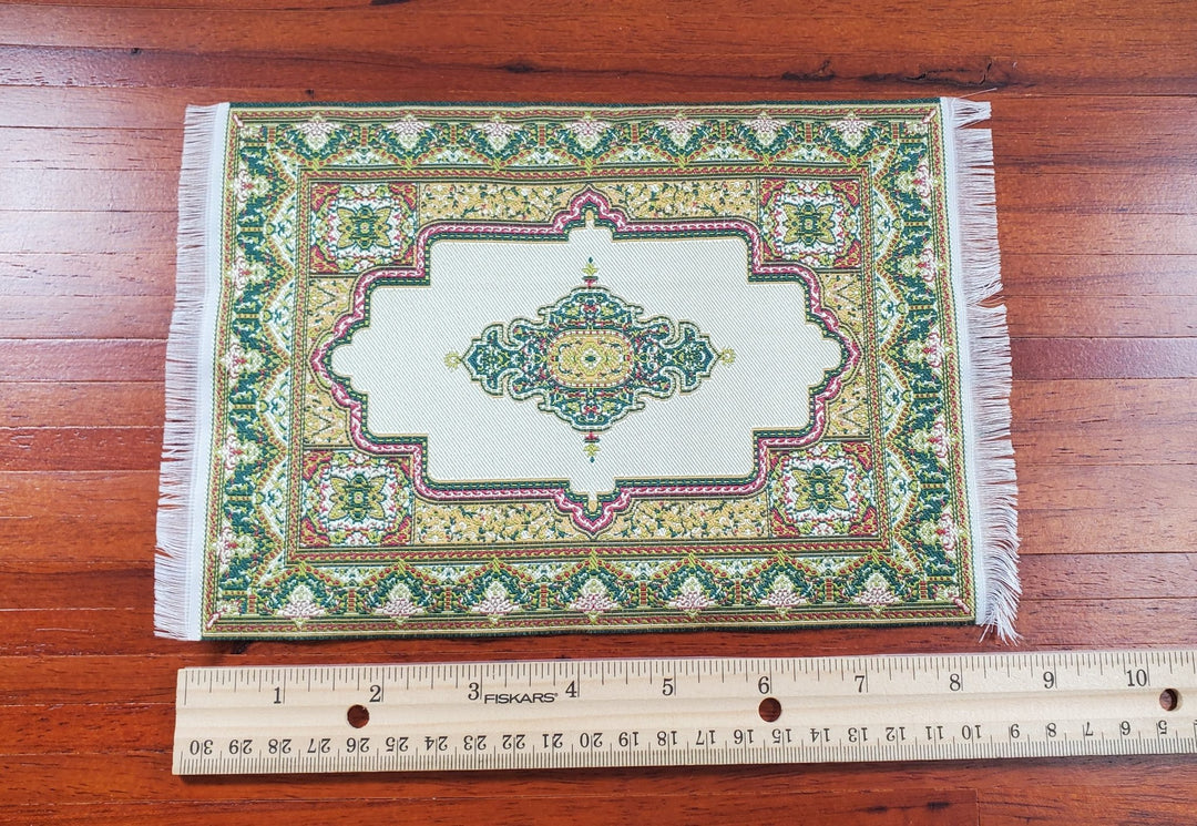 Dollhouse Rug Woven Fabric Gold and Green Victorian Style 1:12 Scale Miniature - MiniatureCrush