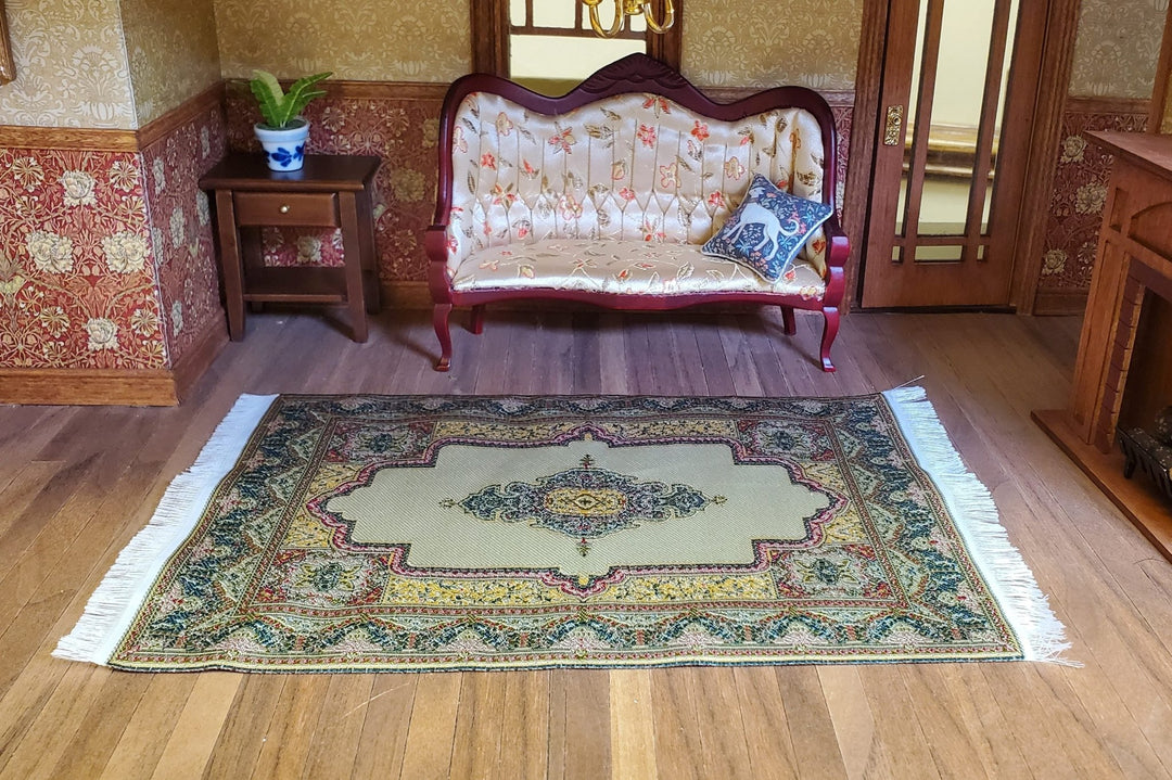 Dollhouse Rug Woven Fabric Gold and Green Victorian Style 1:12 Scale Miniature - MiniatureCrush
