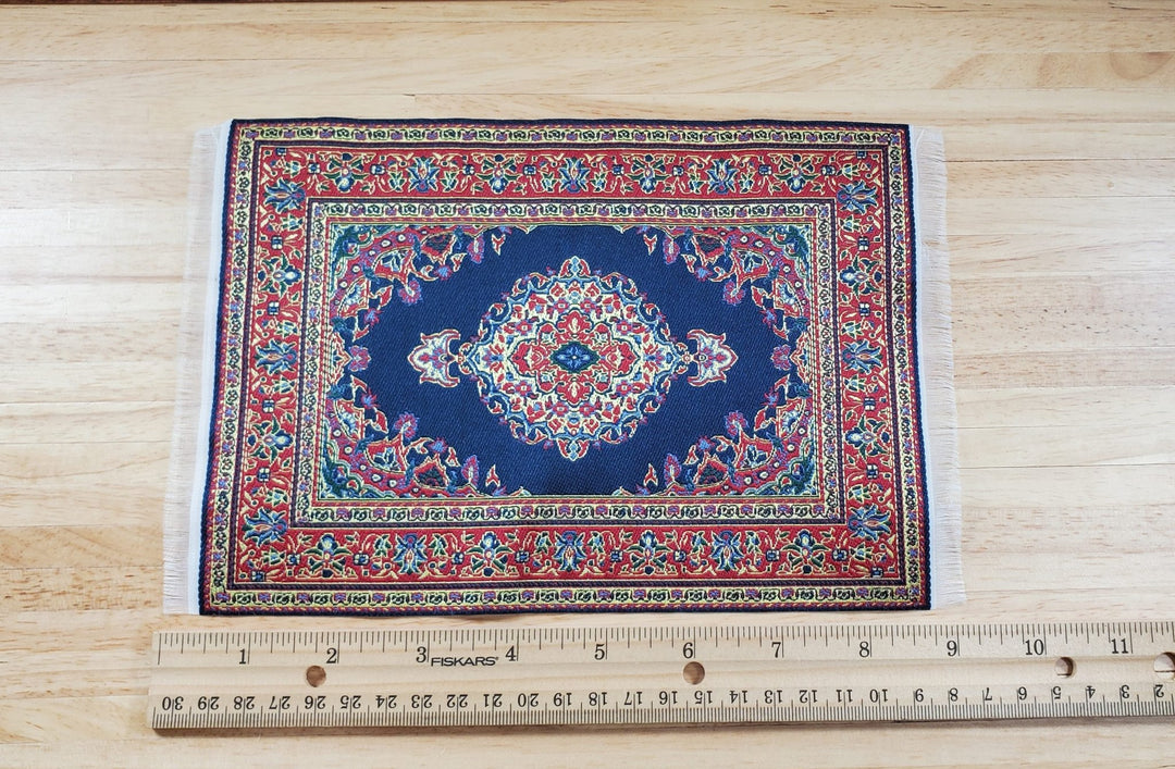 Dollhouse Rug Woven Fabric Large Blue Red Gold 9 1/4" x 5 7/8" 1:12 Scale - MiniatureCrush