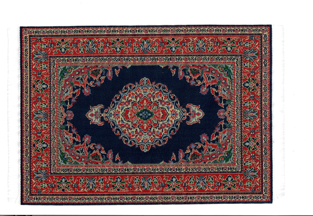 Dollhouse Rug Woven Fabric Large Blue Red Gold 9 1/4" x 5 7/8" 1:12 Scale - MiniatureCrush