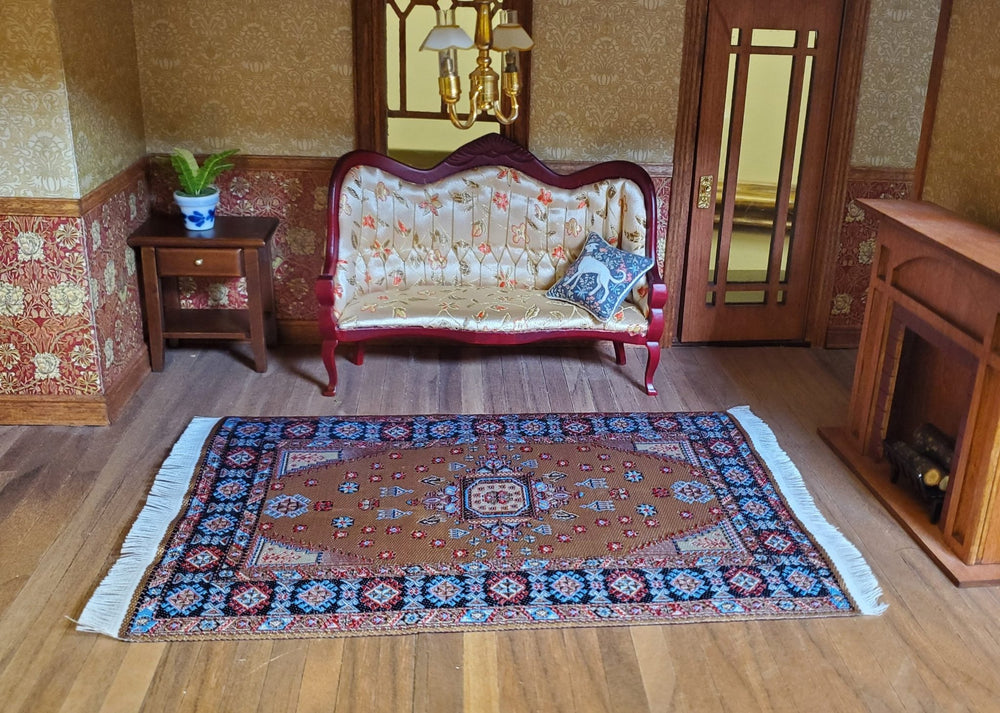 Dollhouse Rug Woven Fabric Large Brown Red Blue 1:12 Scale Miniature 9x6 - MiniatureCrush