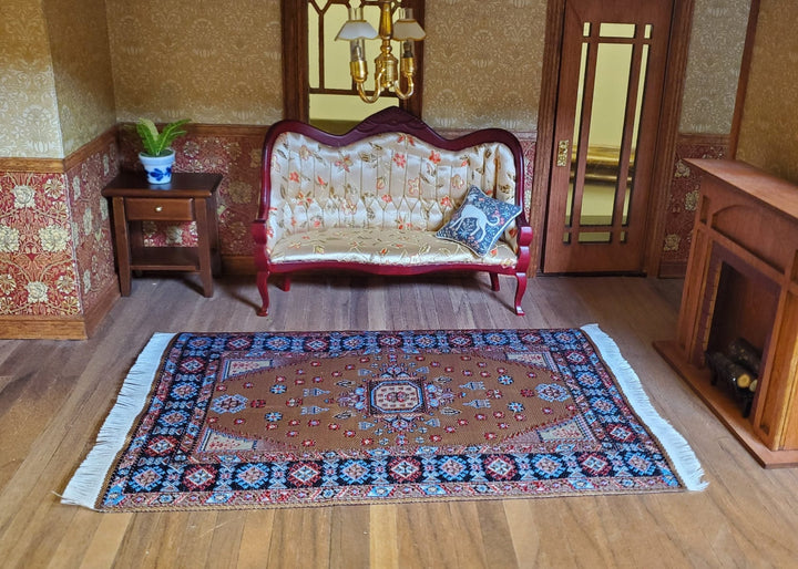 Dollhouse Rug Woven Fabric Large Brown Red Blue 1:12 Scale Miniature 9x6 - MiniatureCrush