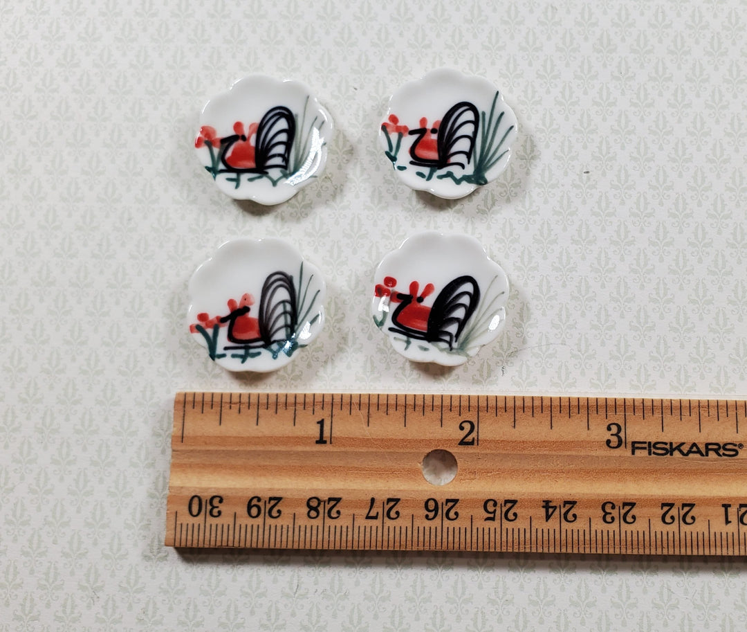 Dollhouse Scalloped Ceramic Rooster Plate 1:12 Scale Miniature 1" x4 pcs - MiniatureCrush