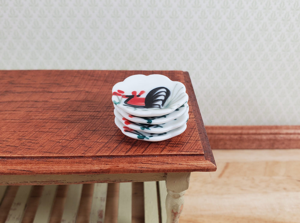 Dollhouse Scalloped Ceramic Rooster Plate 1:12 Scale Miniature 1" x4 pcs - MiniatureCrush