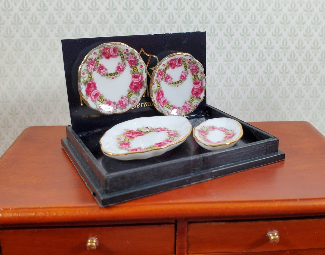 Dollhouse Serving Set Rose Design Reutter Porcelain 1:12 Scale Miniature Plates - Miniature Crush