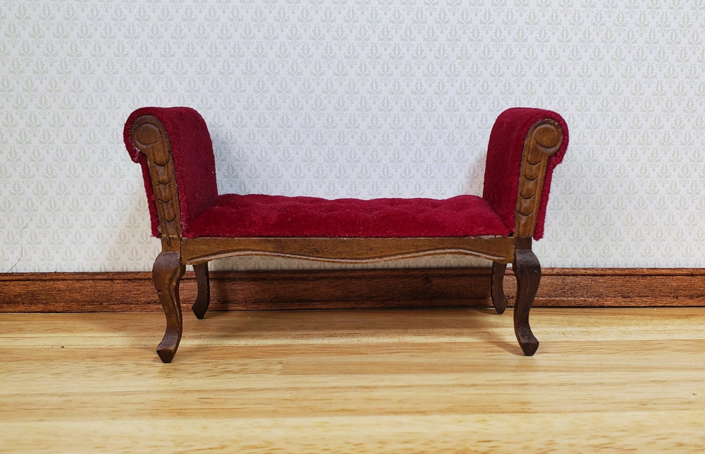 Dollhouse Settee Bench Red Padded Tufted Seat 1:12 Scale Walnut Finish Wood - MiniatureCrush