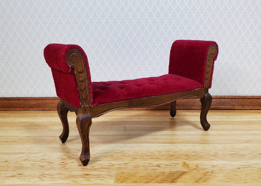 Dollhouse Settee Bench Red Padded Tufted Seat 1:12 Scale Walnut Finish Wood - MiniatureCrush